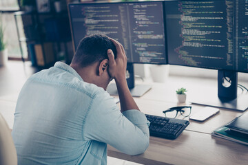 Photo of sadness upset young guy found his failed program code dont know solution app bug depressed devops at workstation home office - obrazy, fototapety, plakaty