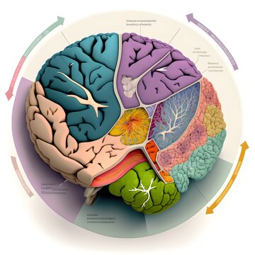 birds eye view of brain sections highlighted in colour for descriptive diagram 