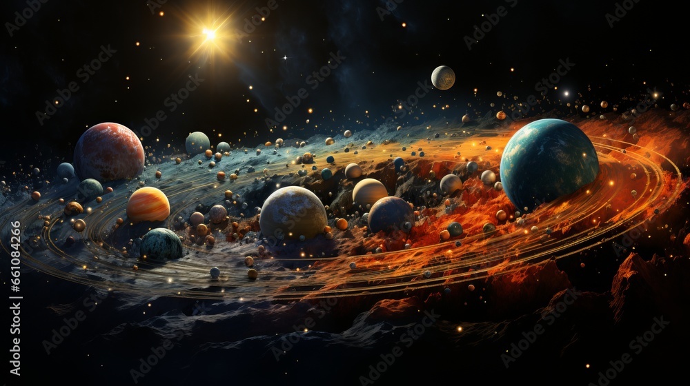 Poster landscape with planets and a cluster of stars. footprints in space from the constellations, illustra