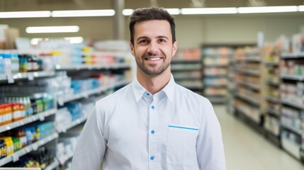 Young male supermarket worker looking at the camera standing on a blurred grocery shop background