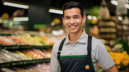 Young asian male supermarket worker looking at the camera standing on a blurred grocery shop background