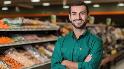 Young male supermarket worker looking at the camera standing on a blurred grocery shop background