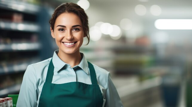 Young Female Supermarket Worker Looking At The Camera Standing On A Blurred Grocery Shop Background