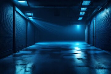 A dark empty street, dark blue background, an empty dark scene, neon light, spotlights The asphalt floor and studio room with smoke float up the interior texture. 