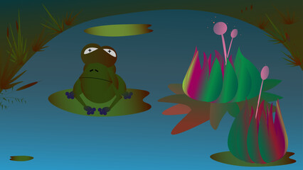 Toad in a small pond and two lilies
