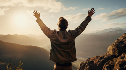 Positive man celebrating on mountain top, with arms raised up