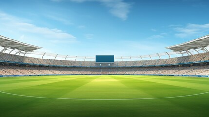 Naklejka premium Cricket Stadium Front view on cricket pitch or ball sport game field, grass stadium or circle arena for cricketer series, green lawn or ground for batsman, bowler. Outfield 3D Illustration