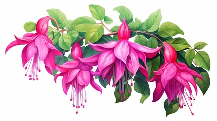 creative illustration of fuchsia flower with green leaves isolated - obrazy, fototapety, plakaty