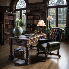  a elegant study with a mahogany desk

