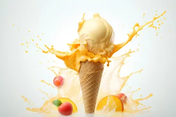 Foto auf Alu-Dibond Mango soft ice cream cone with fruit splash, Generative AI © MONWARA