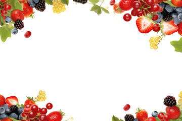 Many different berries in the form of a frame flying on a transparent background, Generative AI