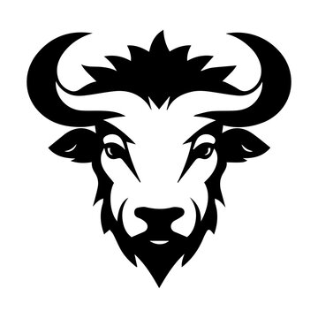 Vector Image Of An Buffalo Head On White Background, Angry Head Face Mascot Of Bull Buffalo Portrait. Black White Line Art Vector Illustration