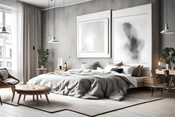 Scandinavian interior design of modern bedroom with big art poster frame