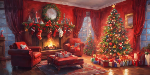 Fototapeta premium Watercolor interior of living room with fireplace decorated Christmas tree, Background design for cards