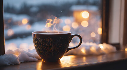 Warm drink on the windowsill in winter time, Winter coffee latte in white cup on windowsill  - obrazy, fototapety, plakaty