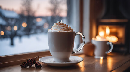 Warm drink on the windowsill in winter time, Winter coffee latte in white cup on windowsill  - obrazy, fototapety, plakaty