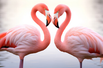 Pair of pink flamingos making a love heart shape at Jersey Zoo isolated on a white background, Generative AI