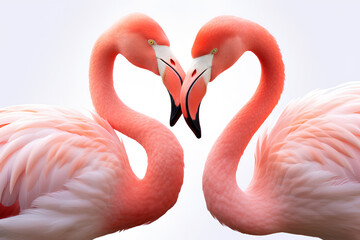 Obraz premium Pair of pink flamingos making a love heart shape at Jersey Zoo isolated on a white background, Generative AI