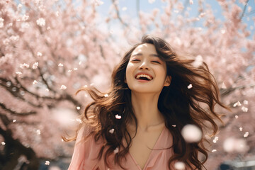 Asian woman smiling happily on cherry blossom background, Generative Ai