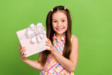 Photo of pretty cute positive girl wear stylish sarafan receive gift celebrate birthday party...