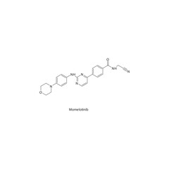 Momelotinib flat skeletal molecular structure Tyrosine kinase inhibitor (TKI) drug used in Myelofibrosis  treatment. Vector illustration.