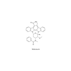 Midostaurin flat skeletal molecular structure Tyrosine kinase inhibitor (TKI) drug used in Acute myeloid leukemia treatment. Vector illustration.