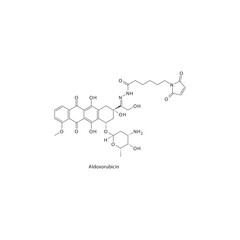 Aldoxorubicin  flat skeletal molecular structure Anthracycline drug used in Breast cancer, Kaposi's sarcoma treatment. Vector illustration.