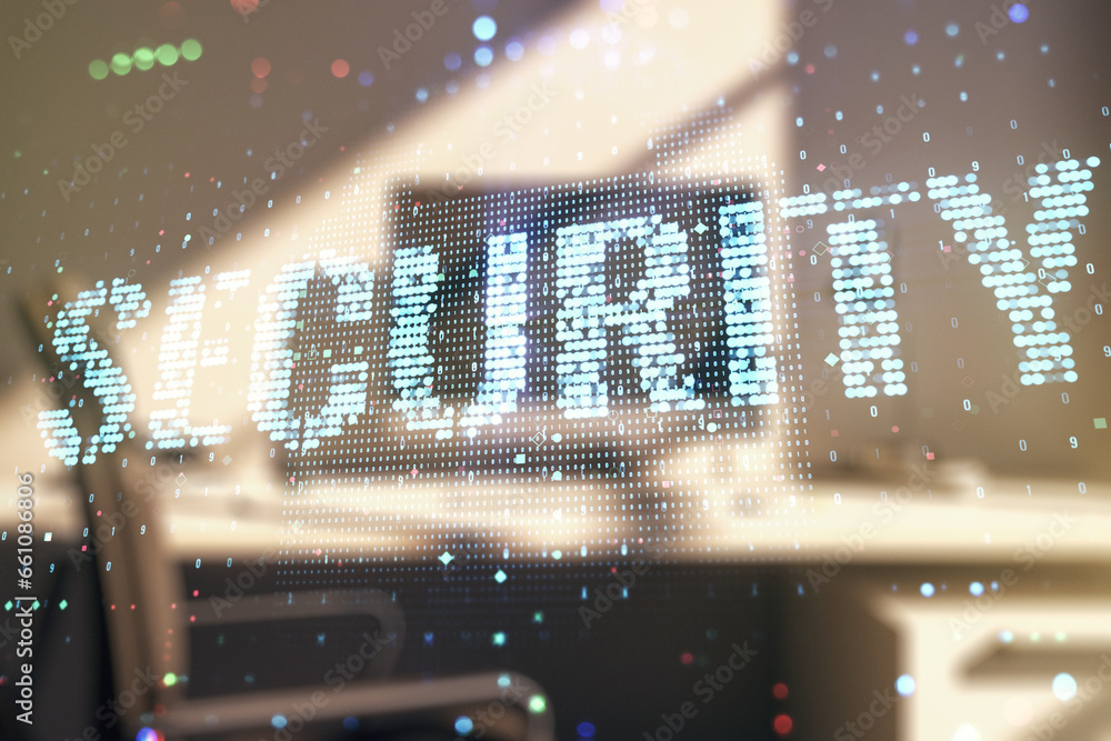 Poster Cyber security creative concept and modern desktop with computer on background. Double exposure