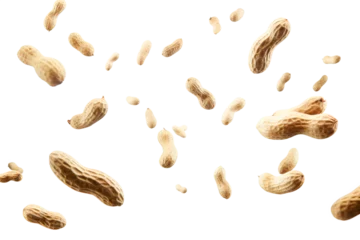 Fotobehang Peeled peanuts levitate on a white background, Generative AI © MONWARA