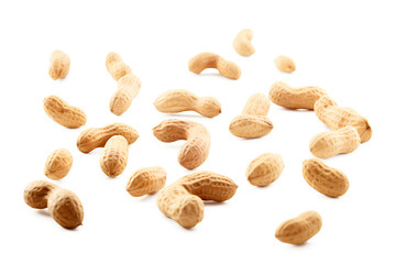 Peeled peanuts levitate on a white background, Generative AI