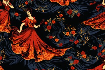 A traditional fabric print in spanish style with woman doing flamenco dance pattern