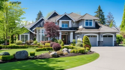 Fotobehang Custom built luxury house with nicely trimmed front yard, lawn and long doorway and driveway in a residential neighborhood. © Muhammad