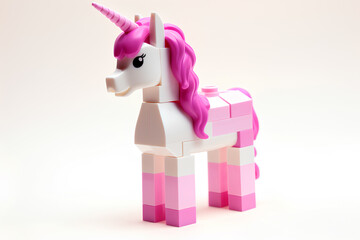 Pink and white unicorn lego toy isolated on a white background, Generative AI