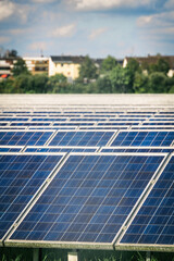 Solarpark mit vielen Solarpanels in einer Photovoltaik-Freiflächenanlage
