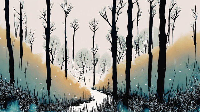 illustrazione di bosco, foresta nel periodo autunnale, invernale, piante e cespugli di sottobosco