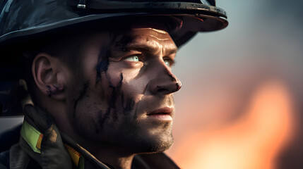 A portrait of a fireman age of 25 sadly,dirty and tired after fight with fire.
