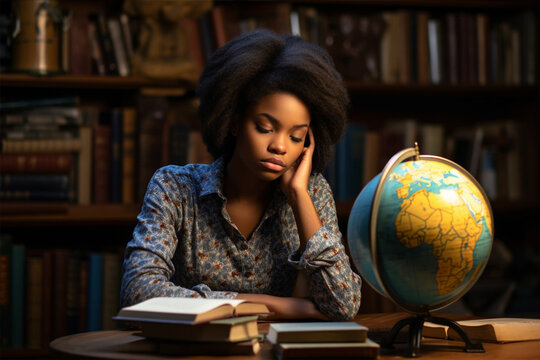 Tired African American young woman sitting at table with books and globe, schoolgirl, student or teacher