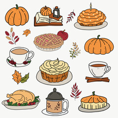 Thanks giving accessories doodle freehand drawing flat design.