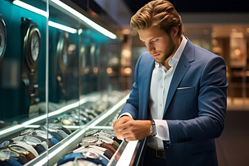 .A man in a business suit chooses a watch in a store - obrazy, fototapety, plakaty