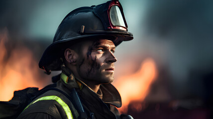 A portrait of a fireman age of 25 sadly,dirty and tired after fight with fire.