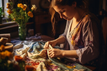 Young woman embroidering clothes - obrazy, fototapety, plakaty