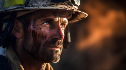Fototapeta premium A portrait of a fireman age of 40 sadly,dirty and tired after fight with fire.