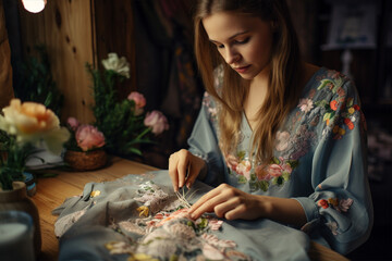 Young woman embroidering - obrazy, fototapety, plakaty