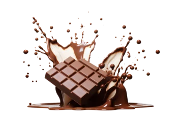 Fotobehang Splashes of melted chocolate and milk with falling piece of chocolate bar on a white background, Generative AI © MONWARA