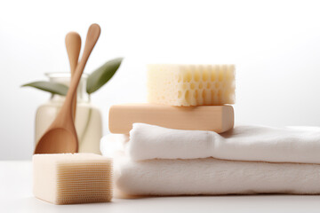 Stack of natural soap brush and towels on a white background, Generative AI - obrazy, fototapety, plakaty