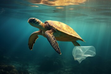 Turtle holding plastic bag, symbolizing ocean pollution. Generative AI
