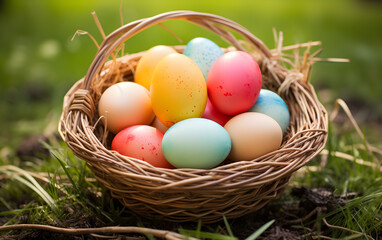 Fototapeta na wymiar Painted Easter eggs in a straw basket.