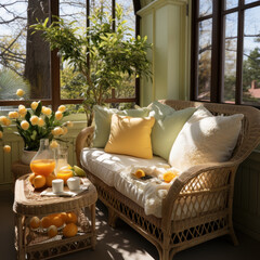  a sunny porch with a wicker sofa 
