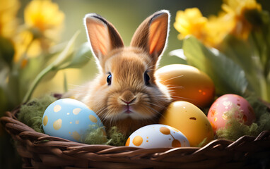 Cute Easter bunny with painted Easter eggs. 
