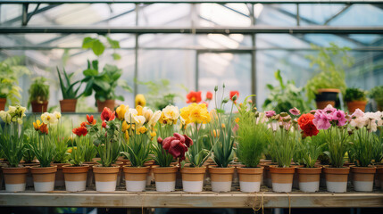 Beautiful fresh flowers are growing in the greenhouse. Gardening, growing and selling flowers. Flower indoor plantation.